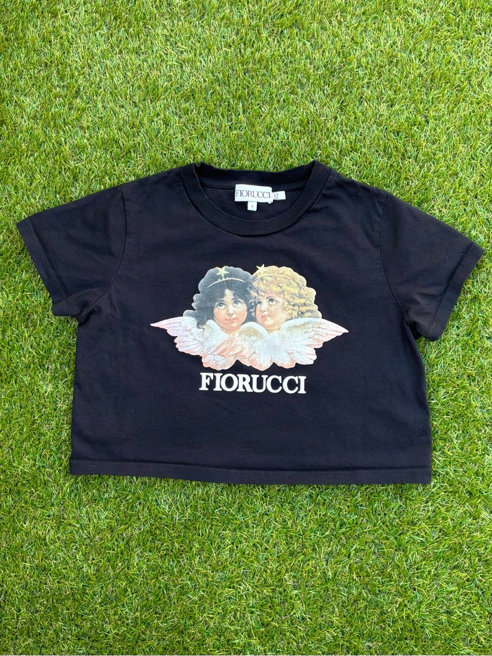 Fiorucci Black Angels Graphic Cropped T-Shirt Size Small